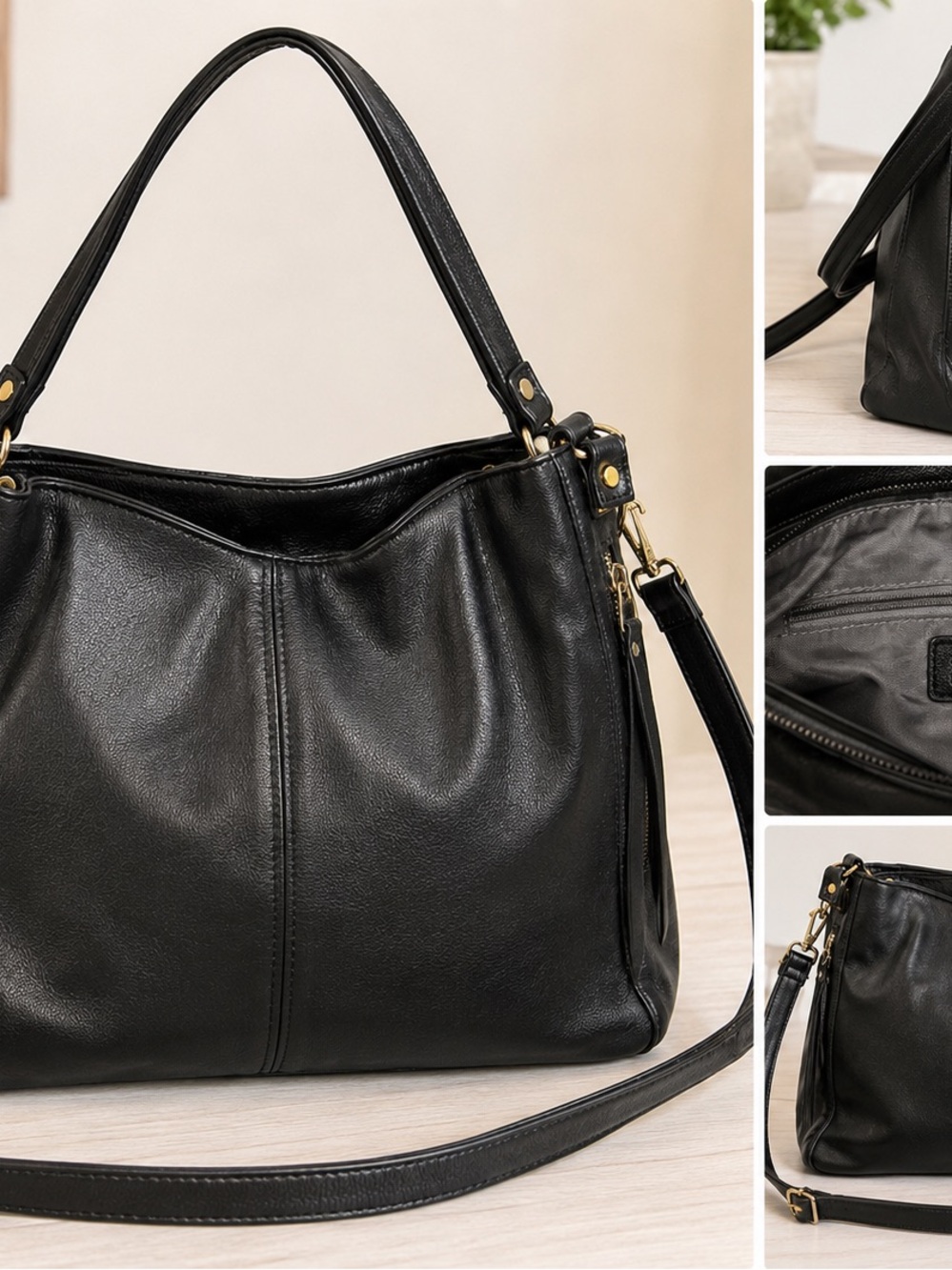 Everyday Black Leather Shoulder Bag with Gold Hardware